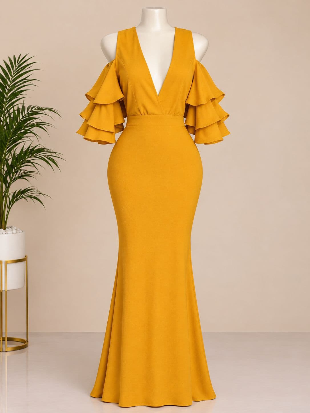 Mustard Yellow Ruffle Sleeve Maxi Dress